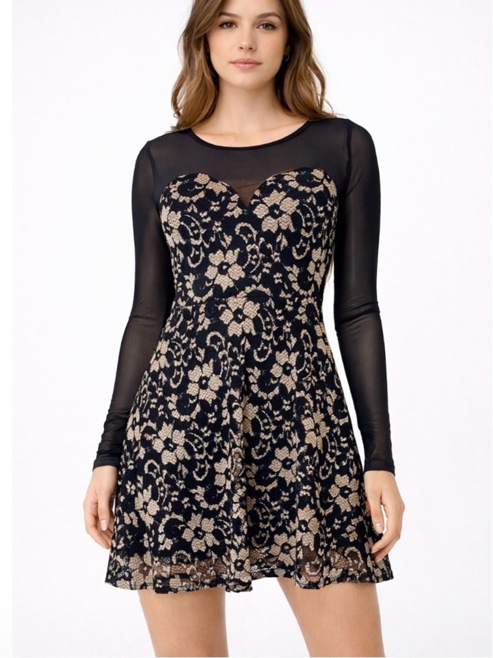 Material Girl lace and sheer fit & flare skater dress sweat heart neckline SZ SM